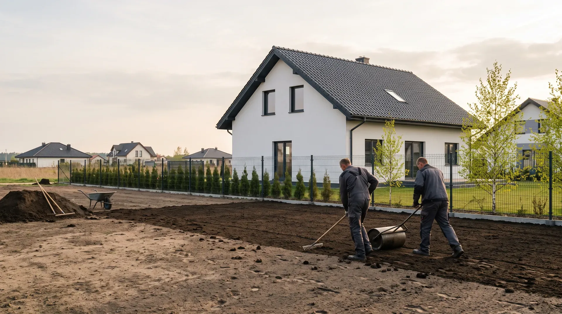 Ekipa grabi i wałuje świeżą ziemię urodzajną na nowej działce pod Wrocławiem