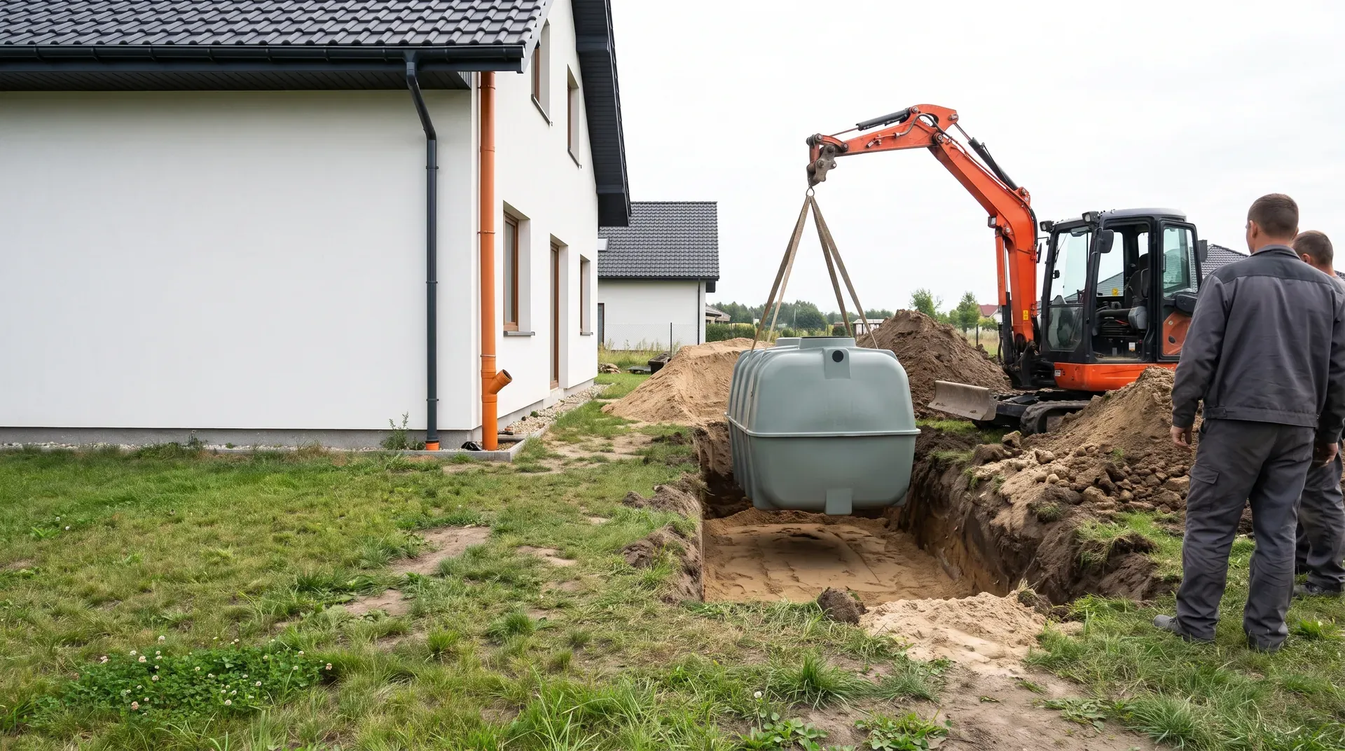 Podziemny zbiornik na deszczówkę opuszczany koparką do wykopu przy nowoczesnym domu pod Wrocławiem